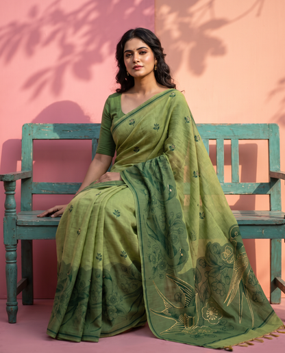 Women's Pure Linen Cotton Floral Embroidered Saree with Unstitched Blouse Piece.