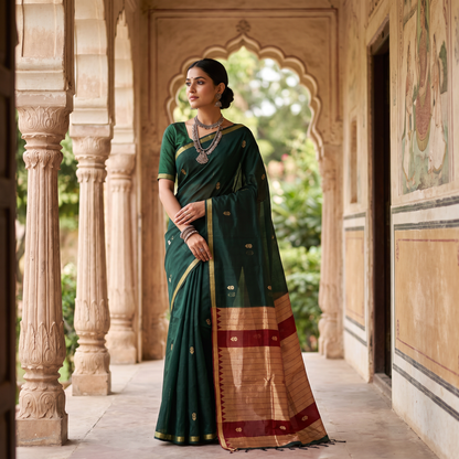 Women's Traditional Chanderi Cotton Linen Blend Saree with Zari Woven Border & Unstitched Blouse Piece.
