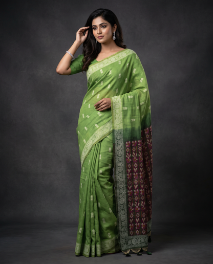 Women's Woven Design Linen Cotton Blend Saree with Unstitched Blouse Piece.