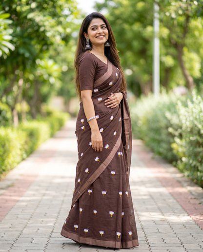 Women's Pure Linen Cotton Floral Embroidered Saree with Unstitched Blouse Piece.
