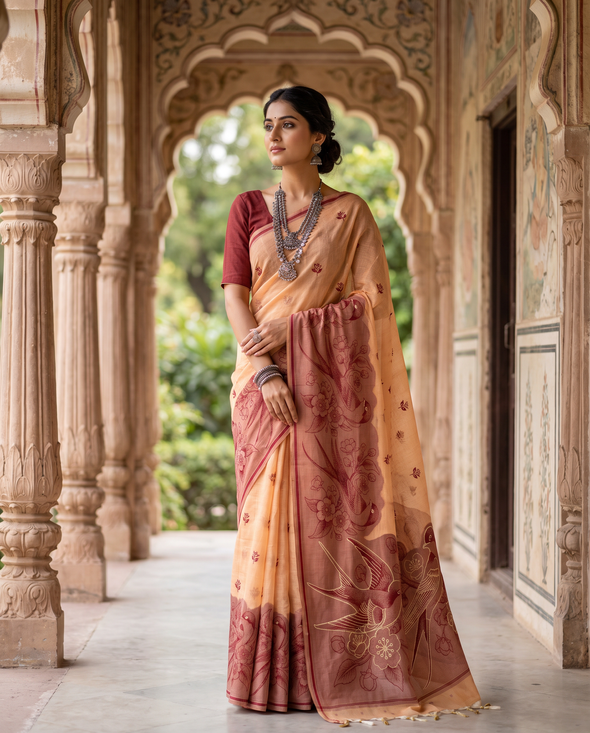Women's Pure Linen Cotton Floral Embroidered Saree with Unstitched Blouse Piece.
