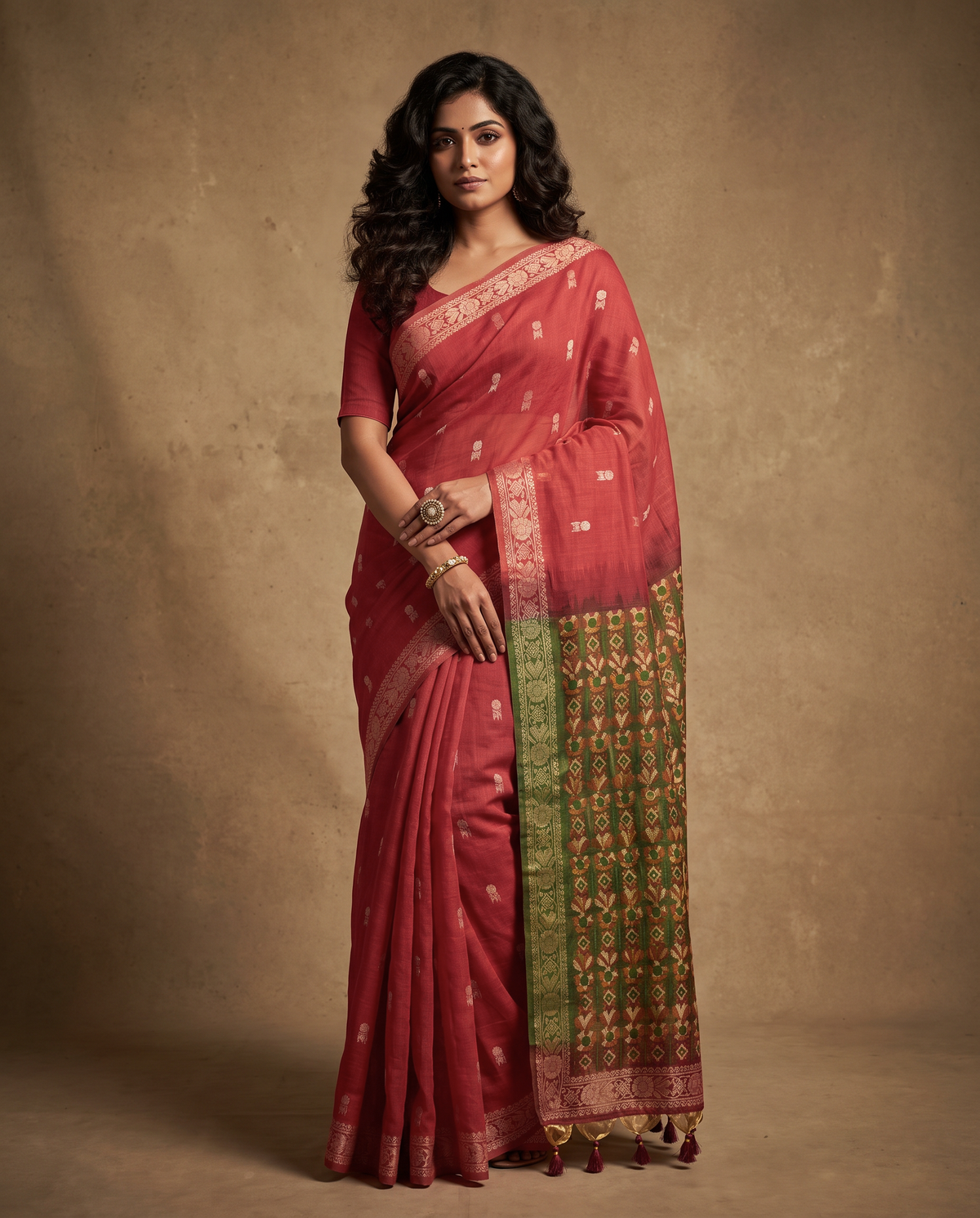Women's Woven Design Linen Cotton Blend Saree with Unstitched Blouse Piece.