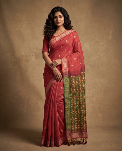Women's Woven Design Linen Cotton Blend Saree with Unstitched Blouse Piece.