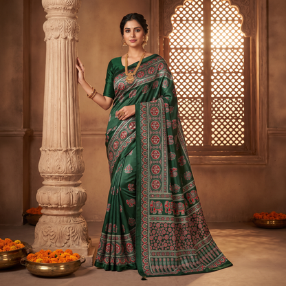 Shri Hari Sarees Women's Ethnic Ajrakh Mirror Printed Art Silk Saree with Unstitched Blouse Piece.