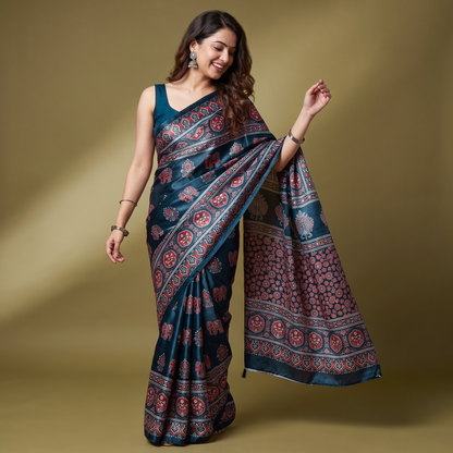 Shri Hari Sarees Women's Ethnic Ajrakh Mirror Printed Art Silk Saree with Unstitched Blouse Piece.