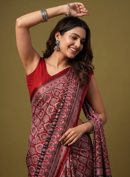 Women's Traditional Floral Block Printed Art Silk Saree with Unstitched Blouse Piece.