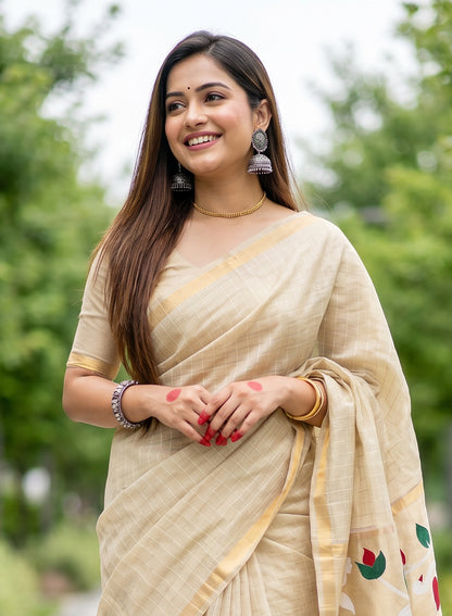 Women's Traditional Floral Paithani Cotton Silk Saree with Unstitched Blouse Piece.