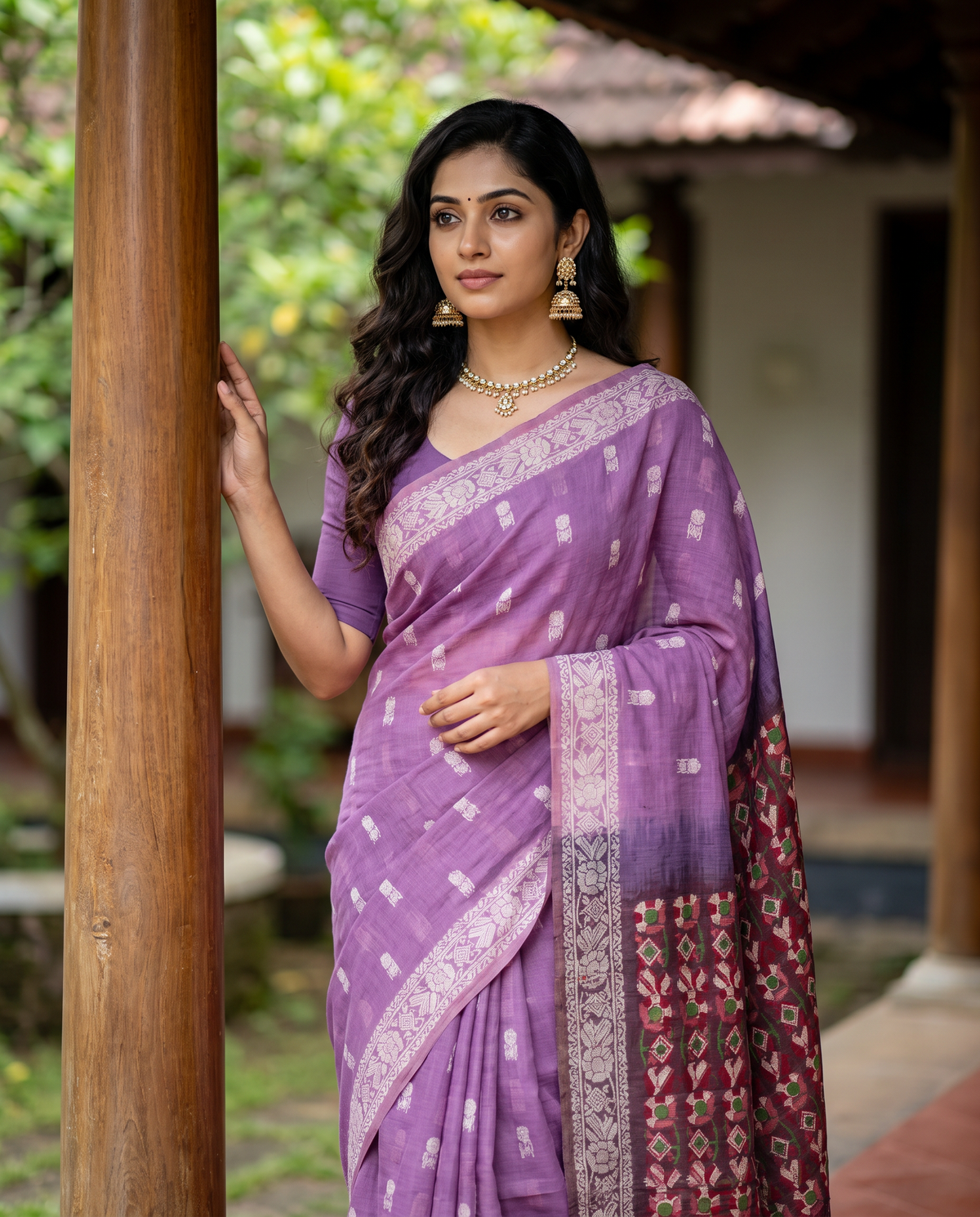 Women's Woven Design Linen Cotton Blend Saree with Unstitched Blouse Piece.