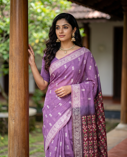 Women's Woven Design Linen Cotton Blend Saree with Unstitched Blouse Piece.
