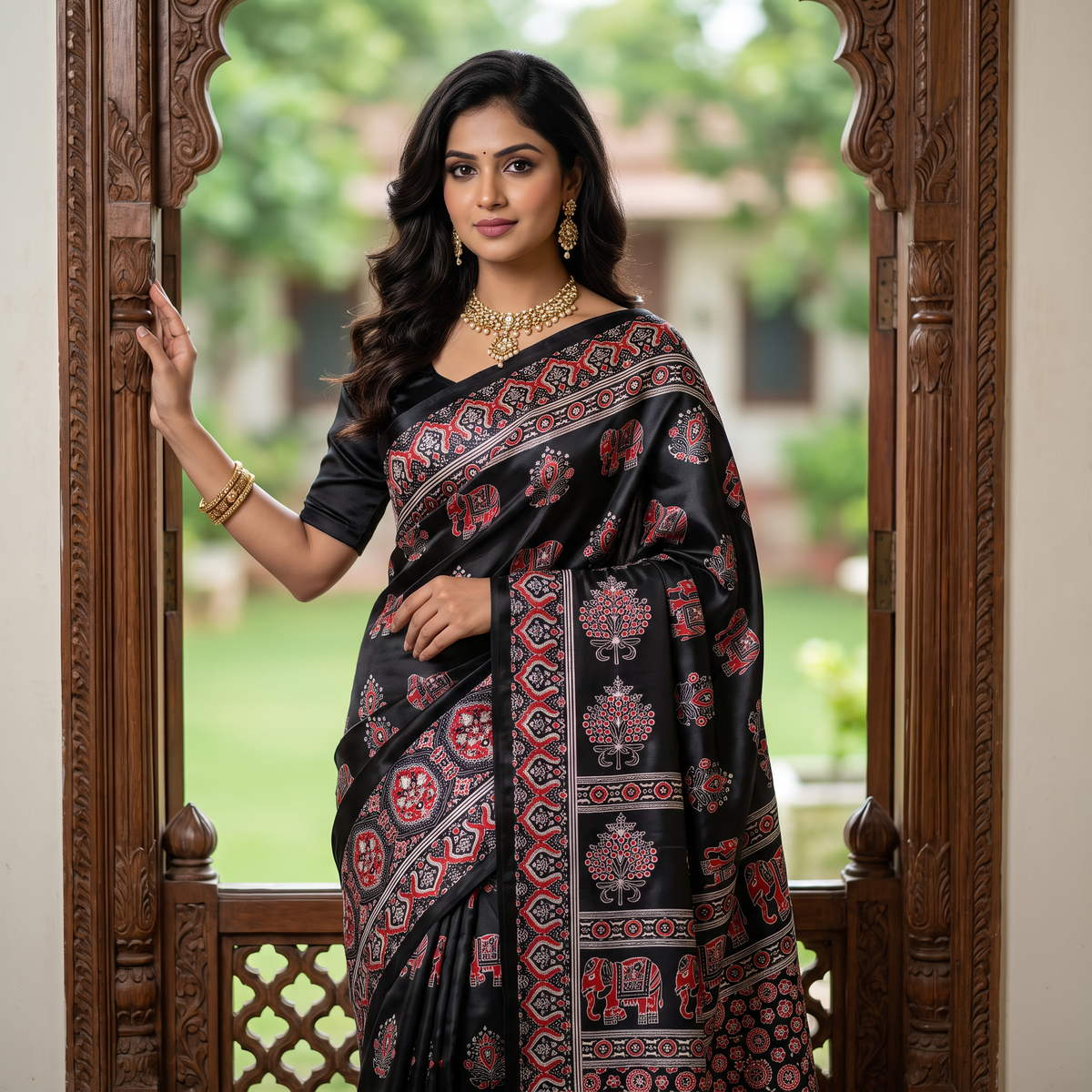 Shri Hari Sarees Women's Ethnic Ajrakh Mirror Printed Art Silk Saree with Unstitched Blouse Piece.