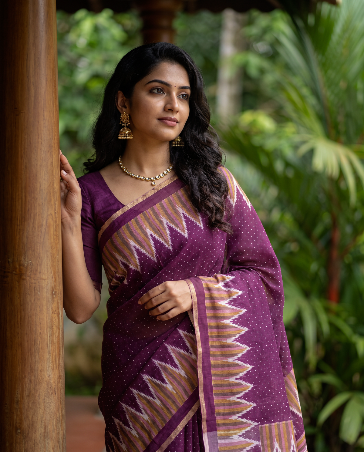Women's Cotton Blend Ikat Print Saree with Unstitched Blouse Piece.