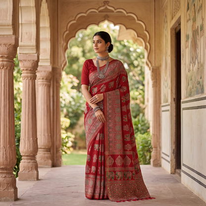 Shri Hari Sarees Women's Ethnic Ajrakh Mirror Printed Art Silk Saree with Unstitched Blouse Piece.