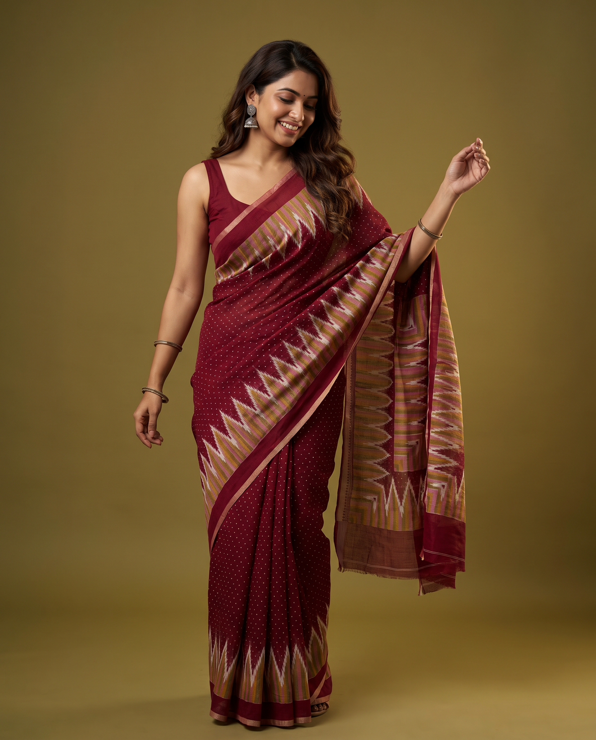Women's Cotton Blend Ikat Print Saree with Unstitched Blouse Piece
