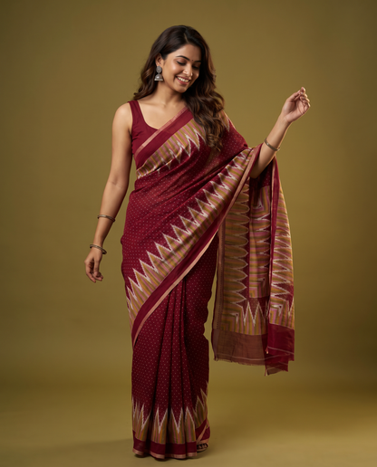 Women's Cotton Blend Ikat Print Saree with Unstitched Blouse Piece
