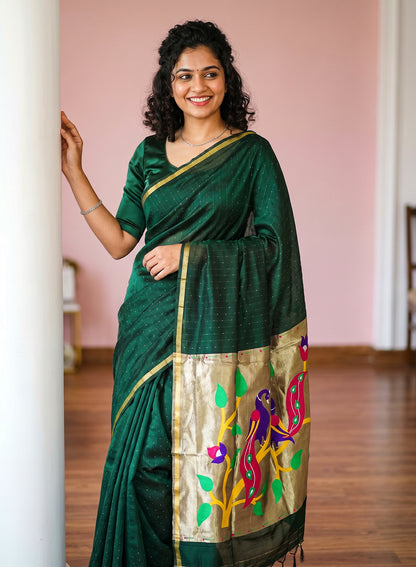 Women's Paithani Style Woven Linen Cotton Saree with Unstitched Blouse Piece.