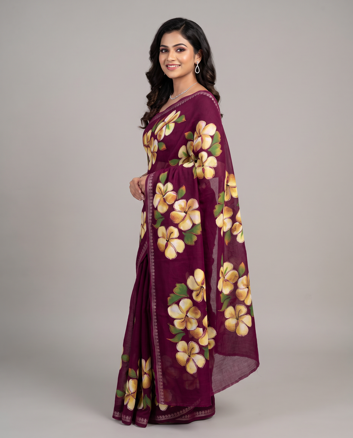 Women's Floral Hand Printed Dull Moss Saree with Unstitched Blouse Piece.