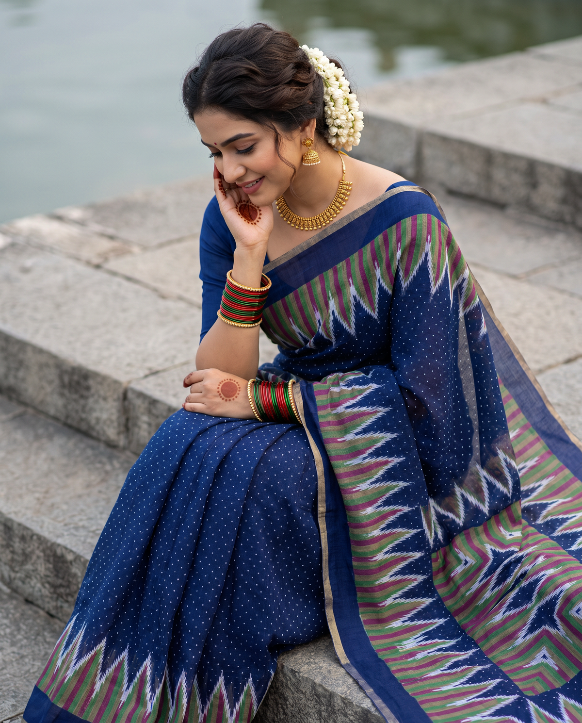 Women's Cotton Blend Ikat Print Saree with Unstitched Blouse Piece.