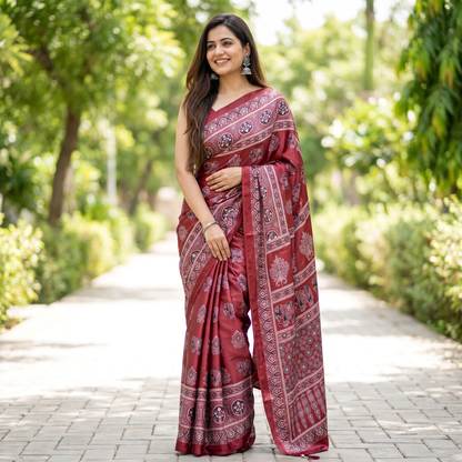 Shri Hari Sarees Women's Ethnic Ajrakh Mirror Printed Art Silk Saree with Unstitched Blouse Piece.
