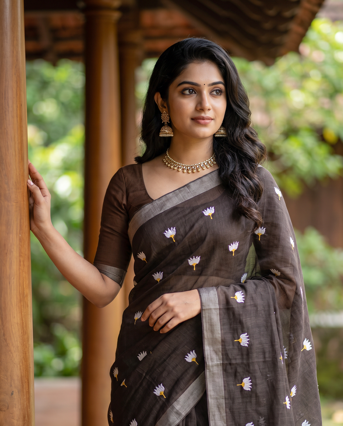 Women's Pure Linen Cotton Floral Embroidered Saree with Unstitched Blouse Piece.