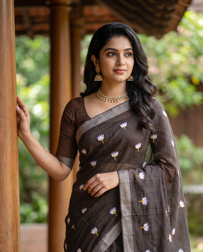 Women's Pure Linen Cotton Floral Embroidered Saree with Unstitched Blouse Piece.