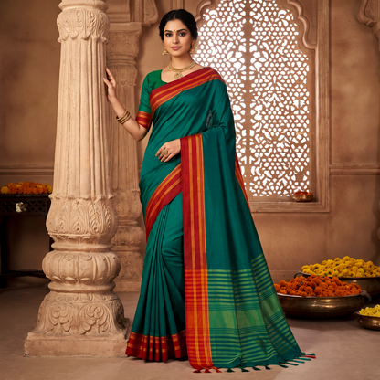 Women's Art Silk Traditional Saree with Zari Border and Unstitched Blouse Piece.