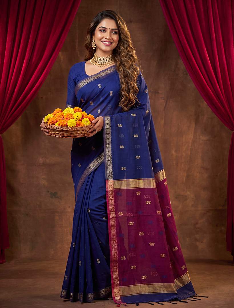 Women's Maheshwari Cotton Blend Woven Zari Saree with Unstitched Blouse Piece.