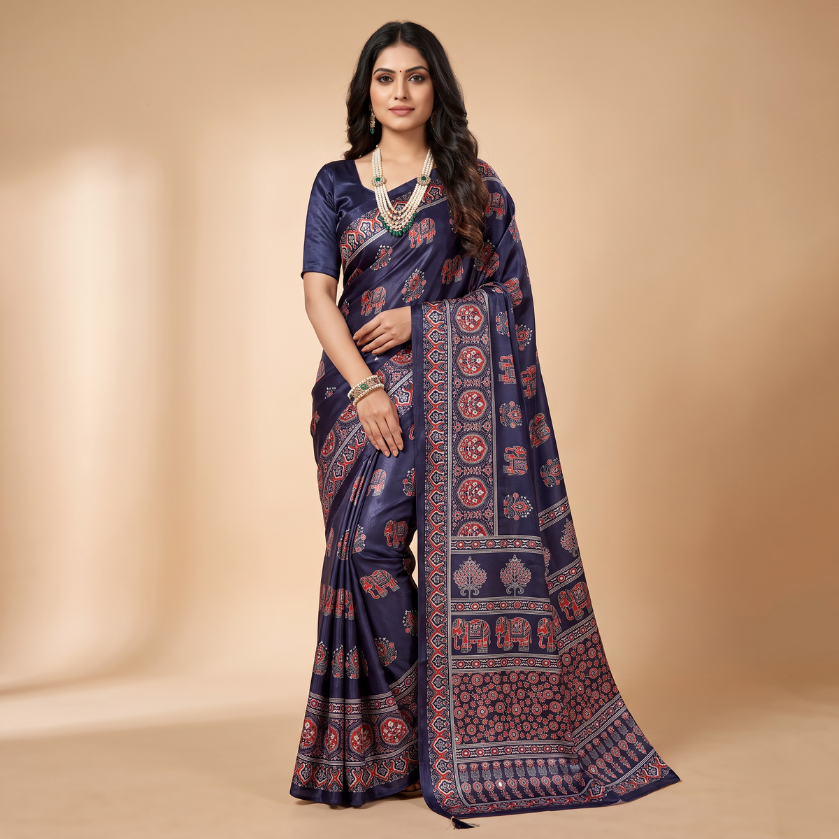 Shri Hari Sarees Women's Ethnic Ajrakh Mirror Printed Art Silk Saree with Unstitched Blouse Piece.