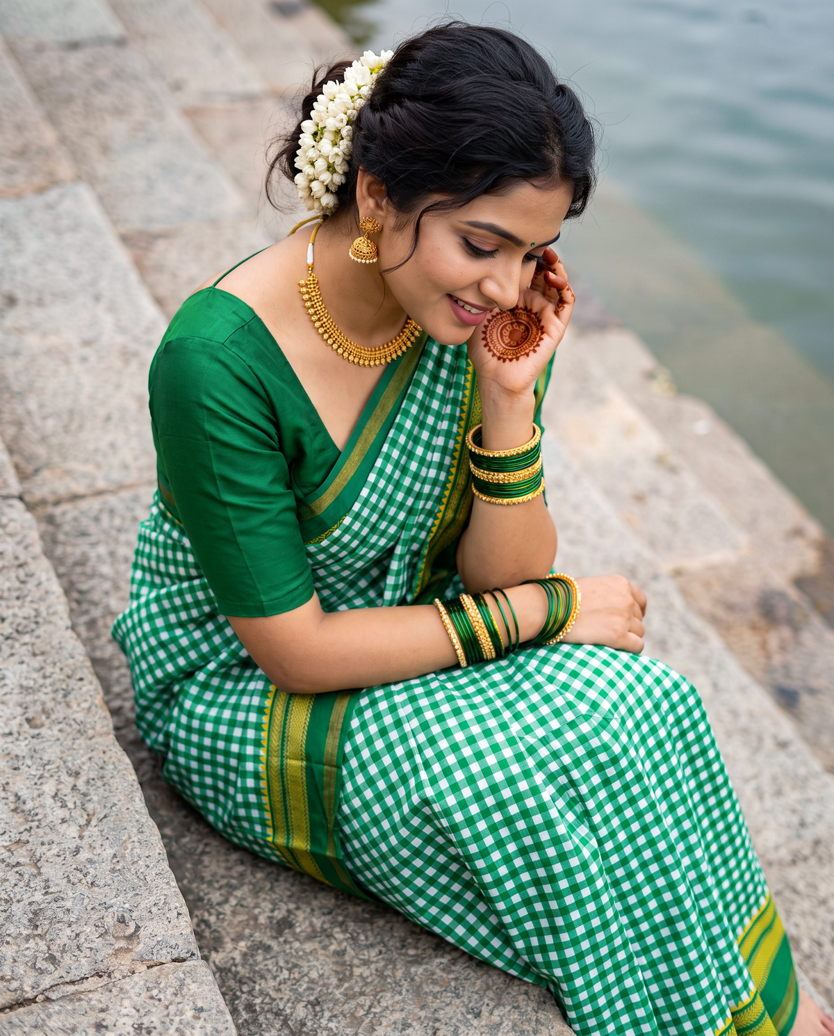 Women's Synthetic Silk Blend Checked Saree with Contrast Border & Unstitched Blouse Piece.