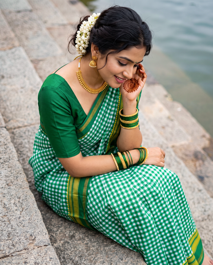 Women's Synthetic Silk Blend Checked Saree with Contrast Border & Unstitched Blouse Piece.