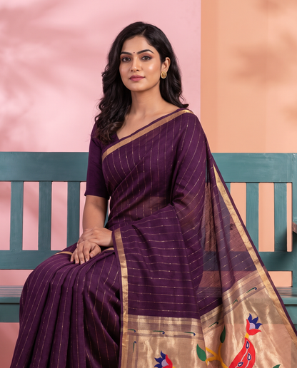 Women's Paithani Silk Blend Saree with Zari Woven Striped Lines and Peacock Floral Pallu including Unstitched Blouse Piece.