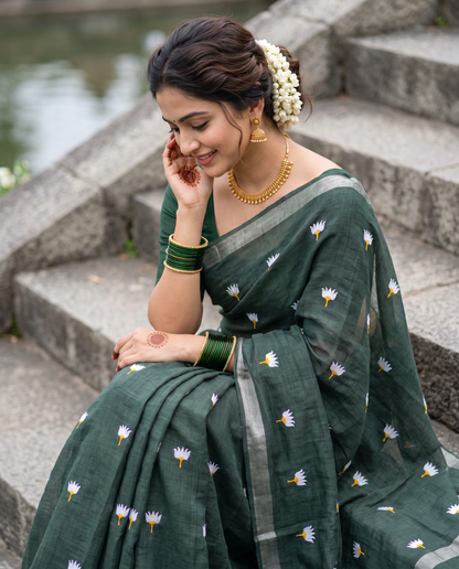 Women's Pure Linen Cotton Floral Embroidered Saree with Unstitched Blouse Piece.