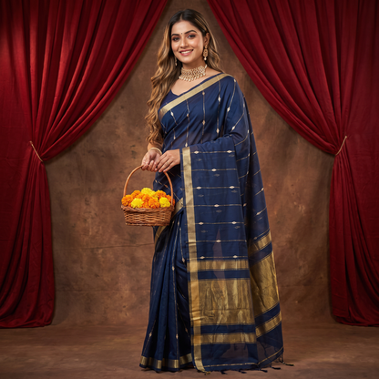Women's Zari Maheshswari Cotton Blend Zari Woven Saree with Unstitched Blouse Piece.