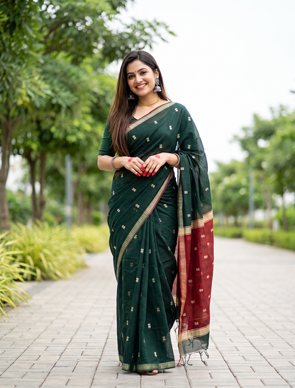 Women's Maheshwari Cotton Blend Woven Zari Saree with Unstitched Blouse Piece.