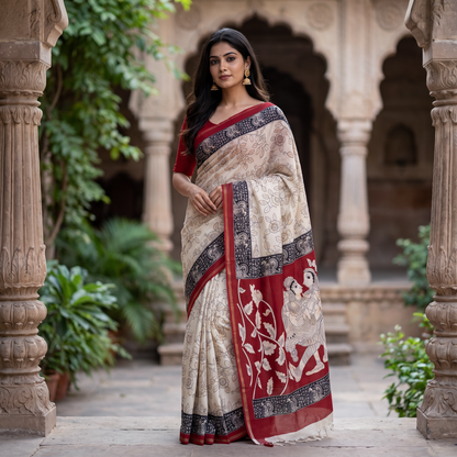 Women's Cream and Maroon Cotton Saree with Traditional Print.