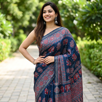 Shri Hari Sarees Women's Ethnic Ajrakh Mirror Printed Art Silk Saree with Unstitched Blouse Piece.