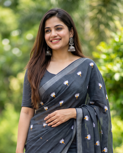 Women's Pure Linen Cotton Floral Embroidered Saree with Unstitched Blouse Piece.