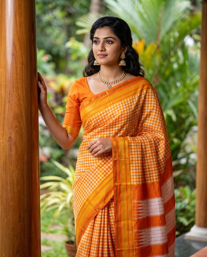 Women's Synthetic Silk Blend Checked Saree with Contrast Border & Unstitched Blouse Piece.