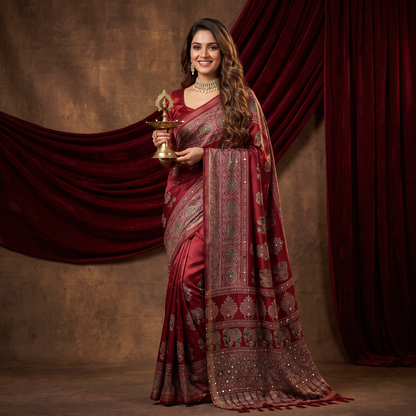Shri Hari Sarees Women's Ethnic Ajrakh Mirror Printed Art Silk Saree with Unstitched Blouse Piece.