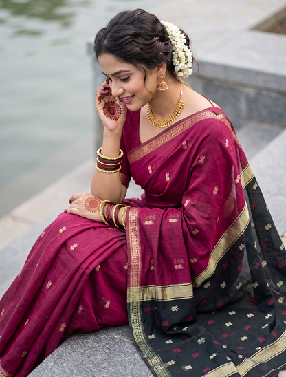 Women's Maheshwari Cotton Blend Woven Zari Saree with Unstitched Blouse Piece.