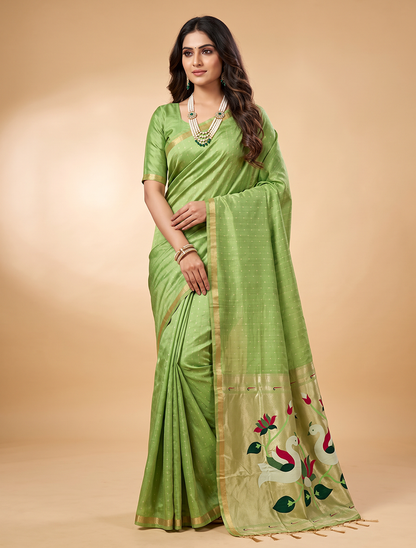 Women's Paithani Silk Saree with Unstitched Blouse Piece.