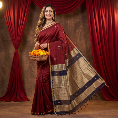 Women's Traditional Chanderi Cotton Linen Blend Saree with Zari Woven Border & Unstitched Blouse Piece.