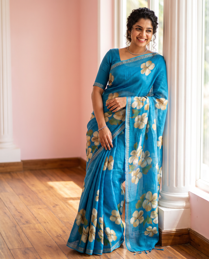 Women's Floral Hand Printed Dull Moss Saree with Unstitched Blouse Piece.