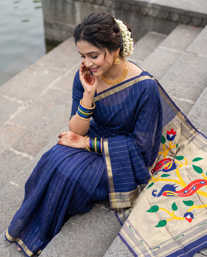 Women's Paithani Silk Blend Saree with Zari Woven Striped Lines and Peacock Floral Pallu including Unstitched Blouse Piece.