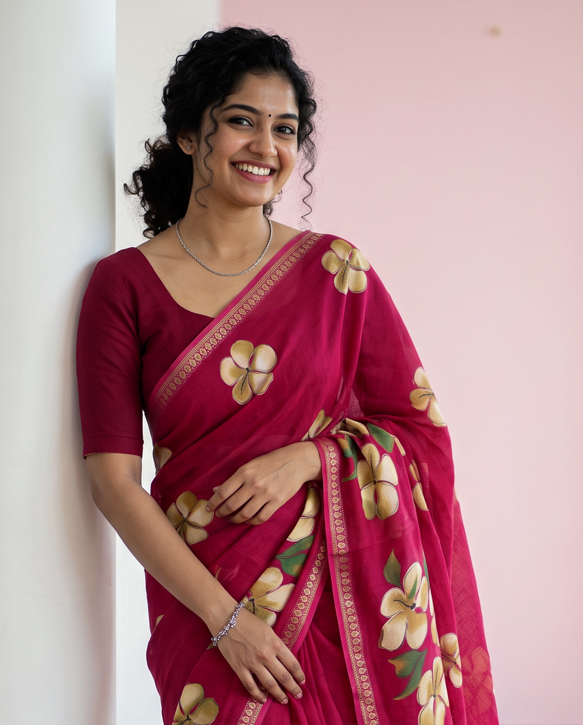 Women's Floral Hand Printed Dull Moss Saree with Unstitched Blouse Piece.