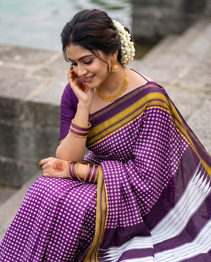 Women's Synthetic Silk Blend Checked Saree with Contrast Border & Unstitched Blouse Piece.