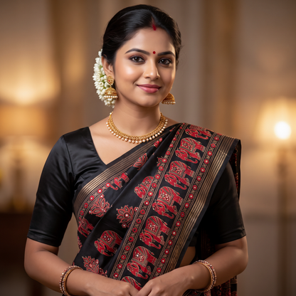 Shri Hari Sarees Women's Ethnic Ajrakh Mirror Printed Art Silk Saree with Unstitched Blouse Piece.