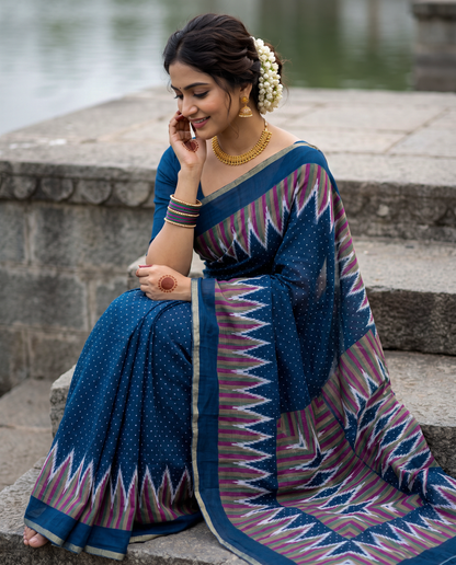 Women's Cotton Blend Ikat Print Saree with Unstitched Blouse Piece.