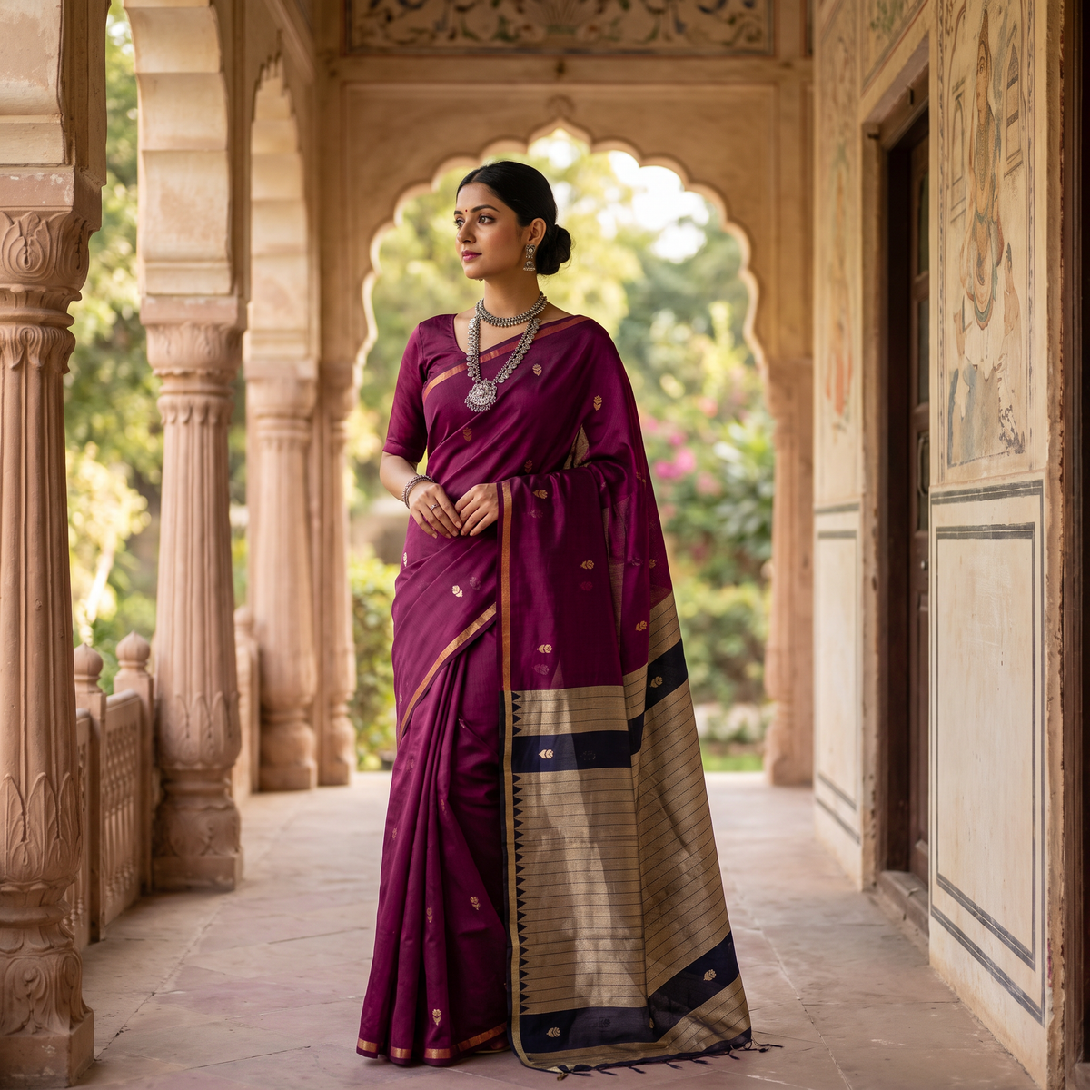 Women's Traditional Chanderi Cotton Linen Blend Saree with Zari Woven Border & Unstitched Blouse Piece.