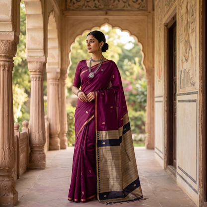 Women's Traditional Chanderi Cotton Linen Blend Saree with Zari Woven Border & Unstitched Blouse Piece.