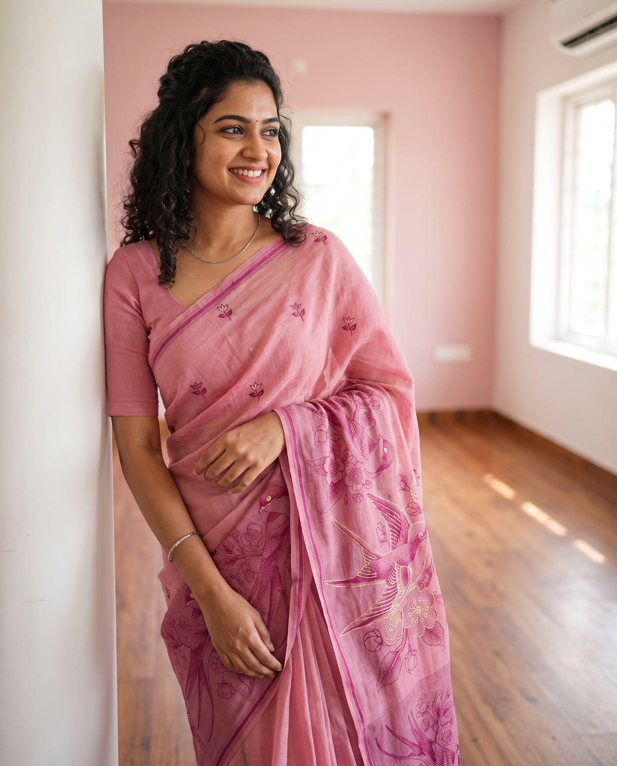 Women's Pure Linen Cotton Floral Embroidered Saree with Unstitched Blouse Piece.